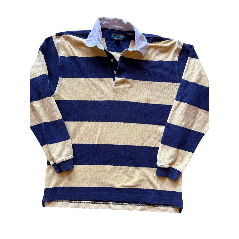 Vintage Alexander Julian Colours Yellow Navy Blue Striped XL Cotton Rugby Shirt